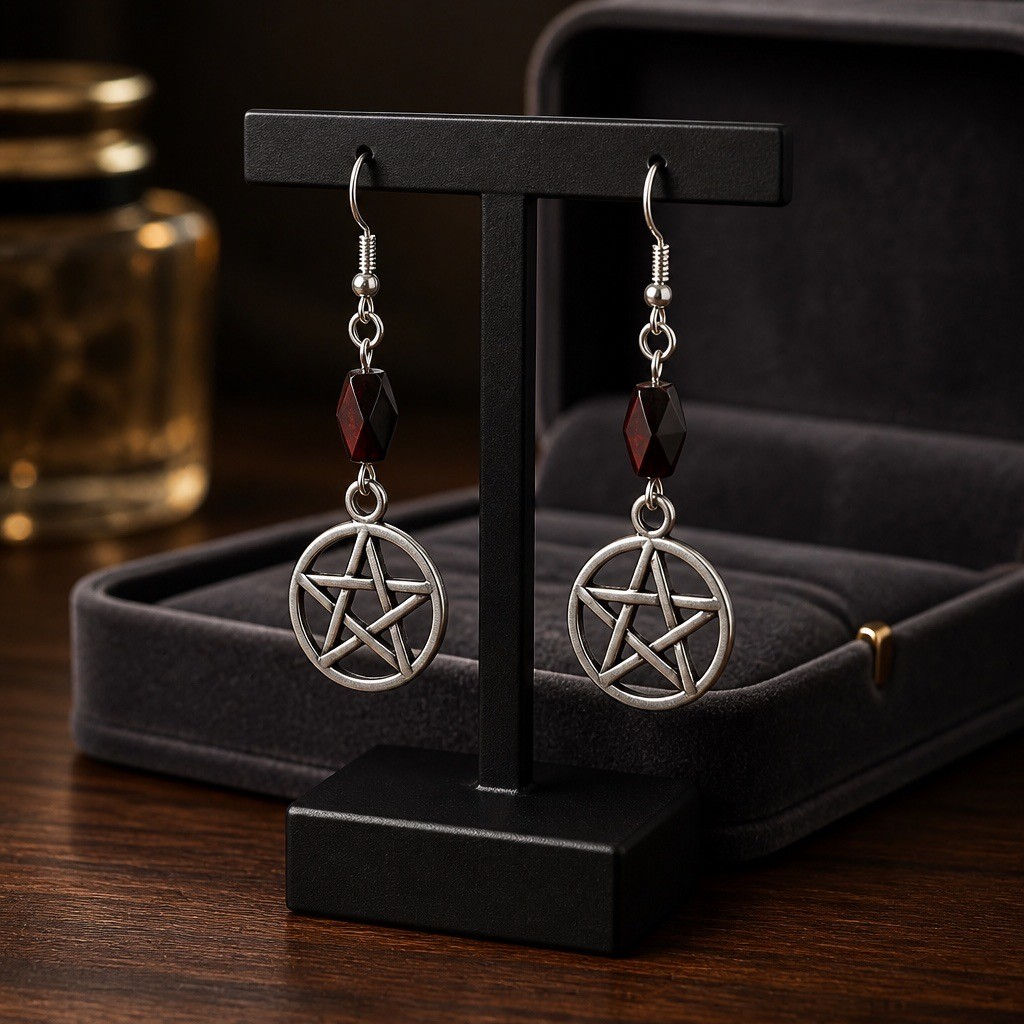Handmade pentacle charm earrings with shimmering 8mm aurora borealis faceted beads available in bronze or silver