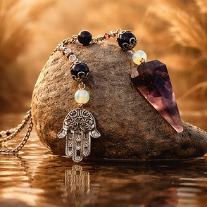 one of a kind dowsing pendant made with celestial hansa hand and amethyst cone