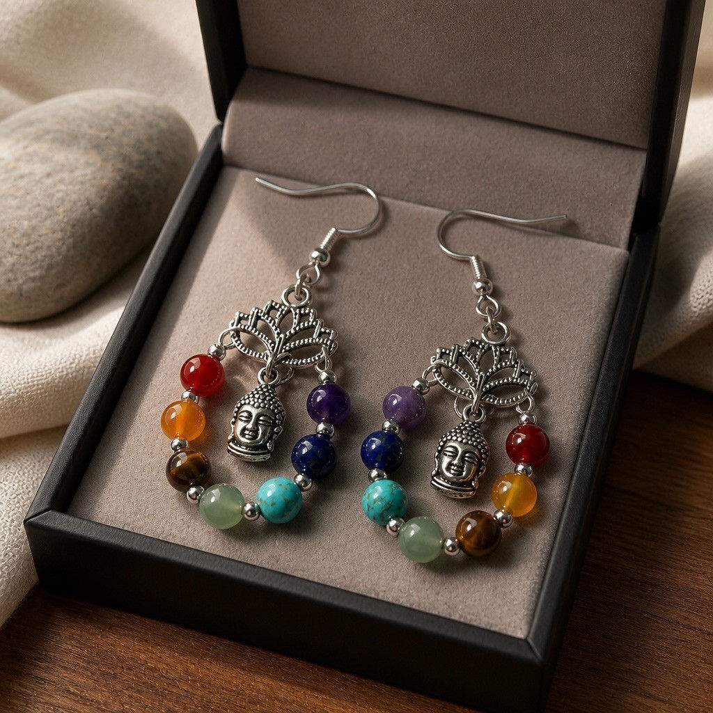 Chakra Earrings with Lotus Flower and Buddha