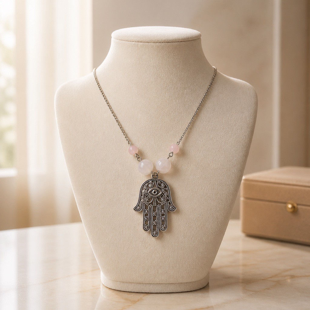 Large silver Hamsa hand necklace with soft pink rose quartz beads in two sizes hanging from a silver chain