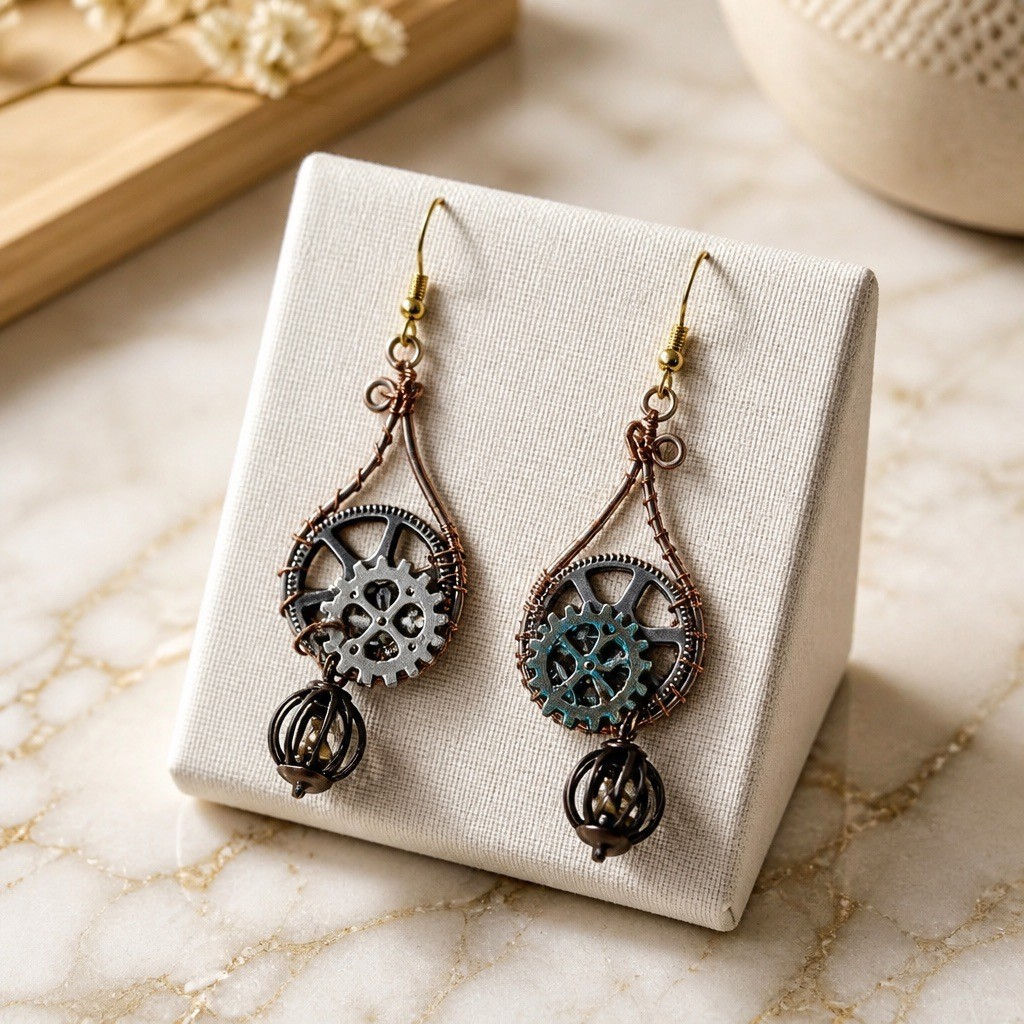 Handmade wire wrapped steampunk earrings featuring gold wire frames around a large bronze and silver gears