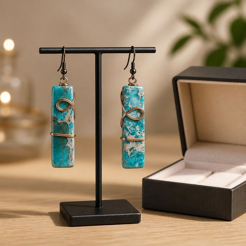 Handmade blue jasper stick stone earrings wrapped in swirling copper wire main