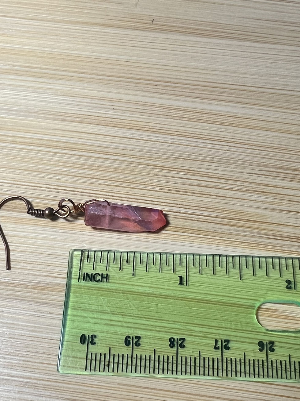 Thumbnail: Handmade pink dyed quartz crystal earrings wrapped in silver or copper wire with soft boho style length