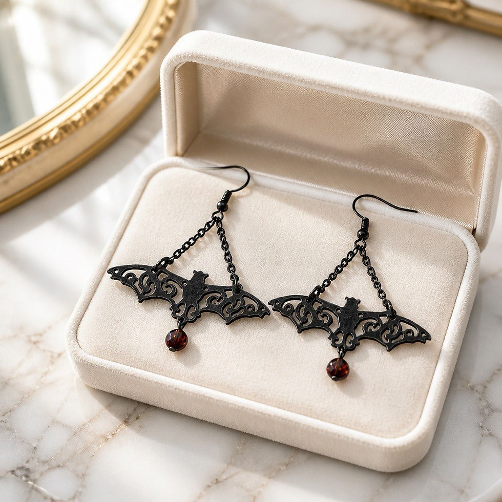 Thumbnail: Large bronze filigree bat earrings suspended from chains with dangling gold beads