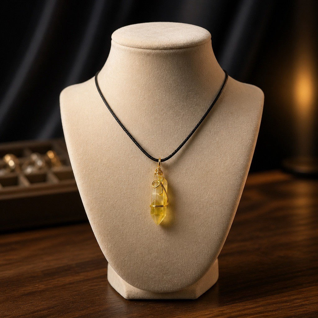 Hand wire wrapped yellow crystal necklace with decorative wire swirls in gold wire on a black waxed cord