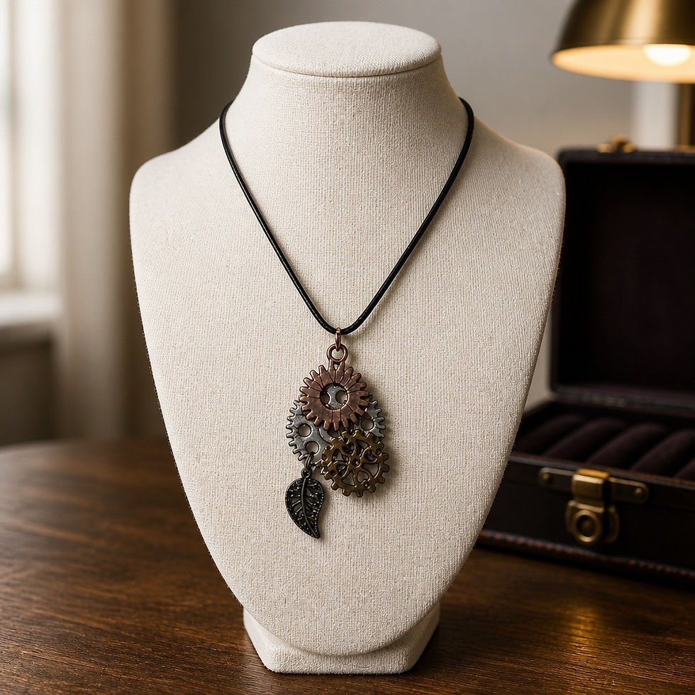 Handmade steampunk necklace featuring a large silver gear decorated with copper and gold tone gears and bronze leaf