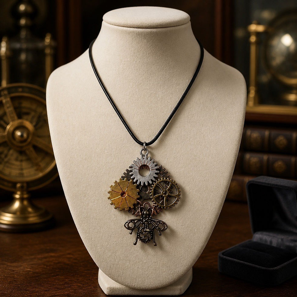 Handmade steampunk necklace featuring a large bronze gear adorned with gold, silver, and brass tone gears
