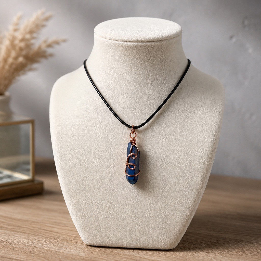 Hand wire wrapped blue luster quartz crystal necklace on a black waxed cord