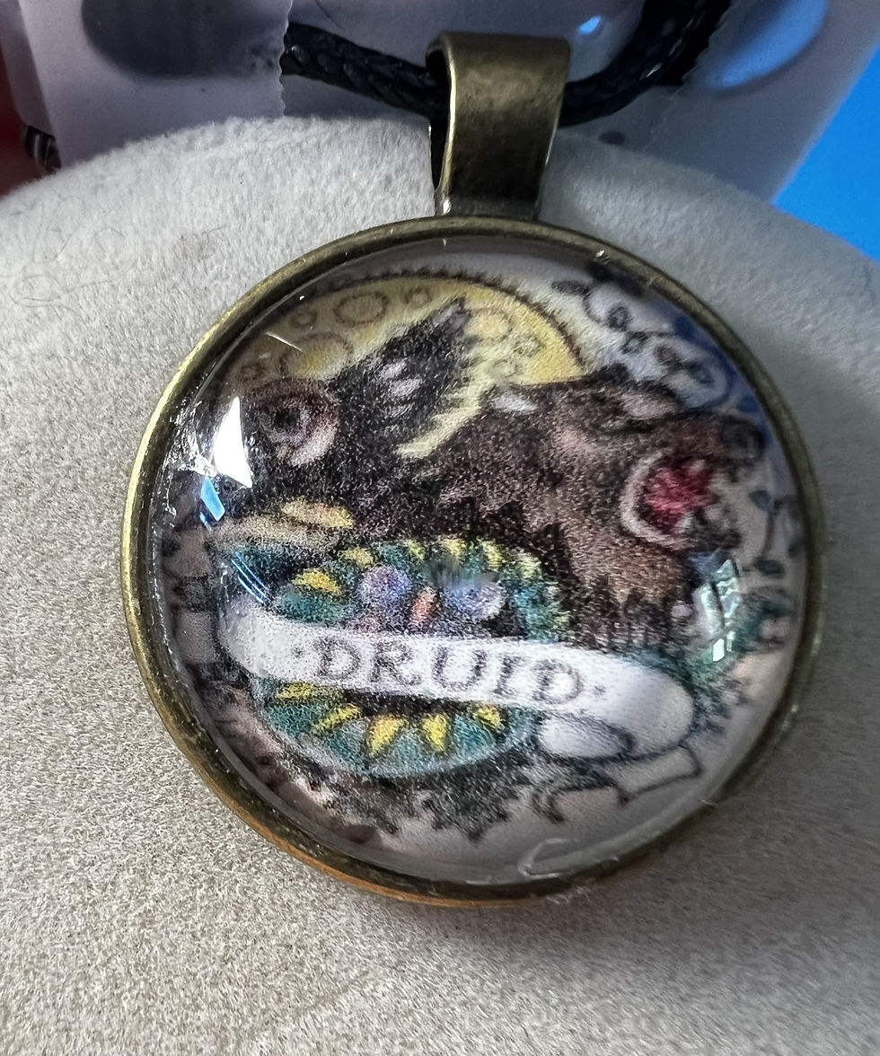 Handmade Dungeons & Dragons inspired pendant necklace featuring character class artwork  beneath a clear cabochon round
