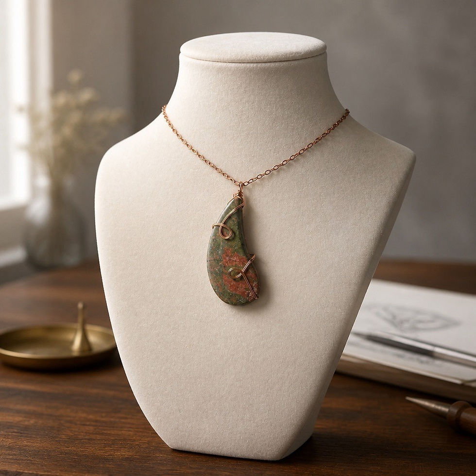 Handmade Unakite teardrop pendant wrapped in copper wire with decorative spiral accents