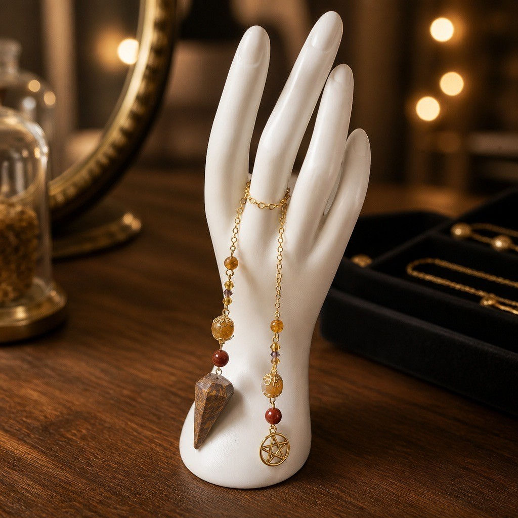 Calligraphy Jasper Cone Pendulum – Gold Chain & pentacle charm