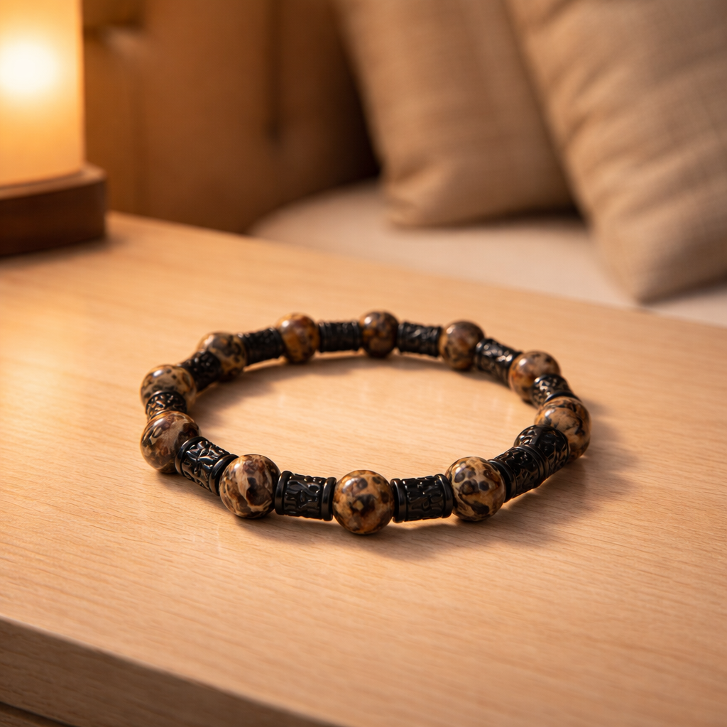 Leopard Jasper & Gun Metal Beaded Bracelet