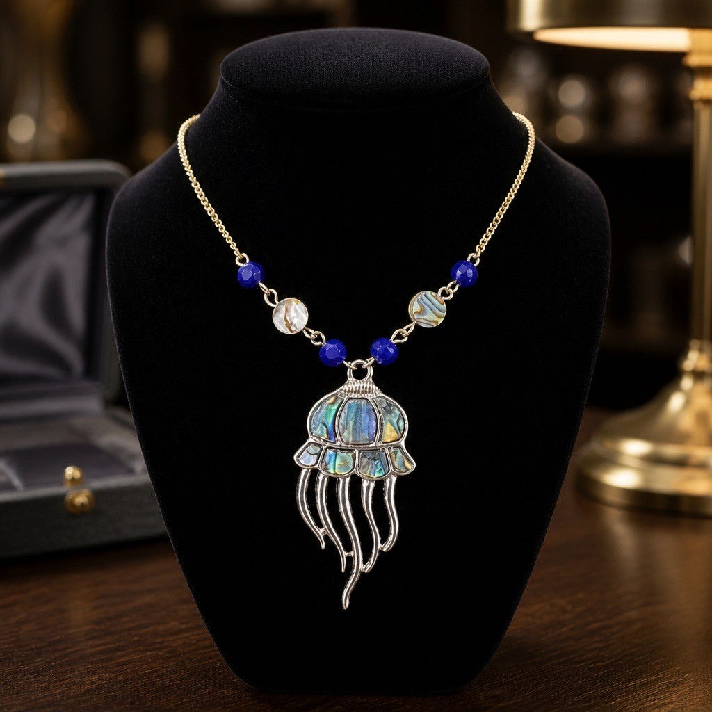 Handmade coastal necklace featuring a silver-tone abalone Man O' War pendant accented with abalone and blue beads