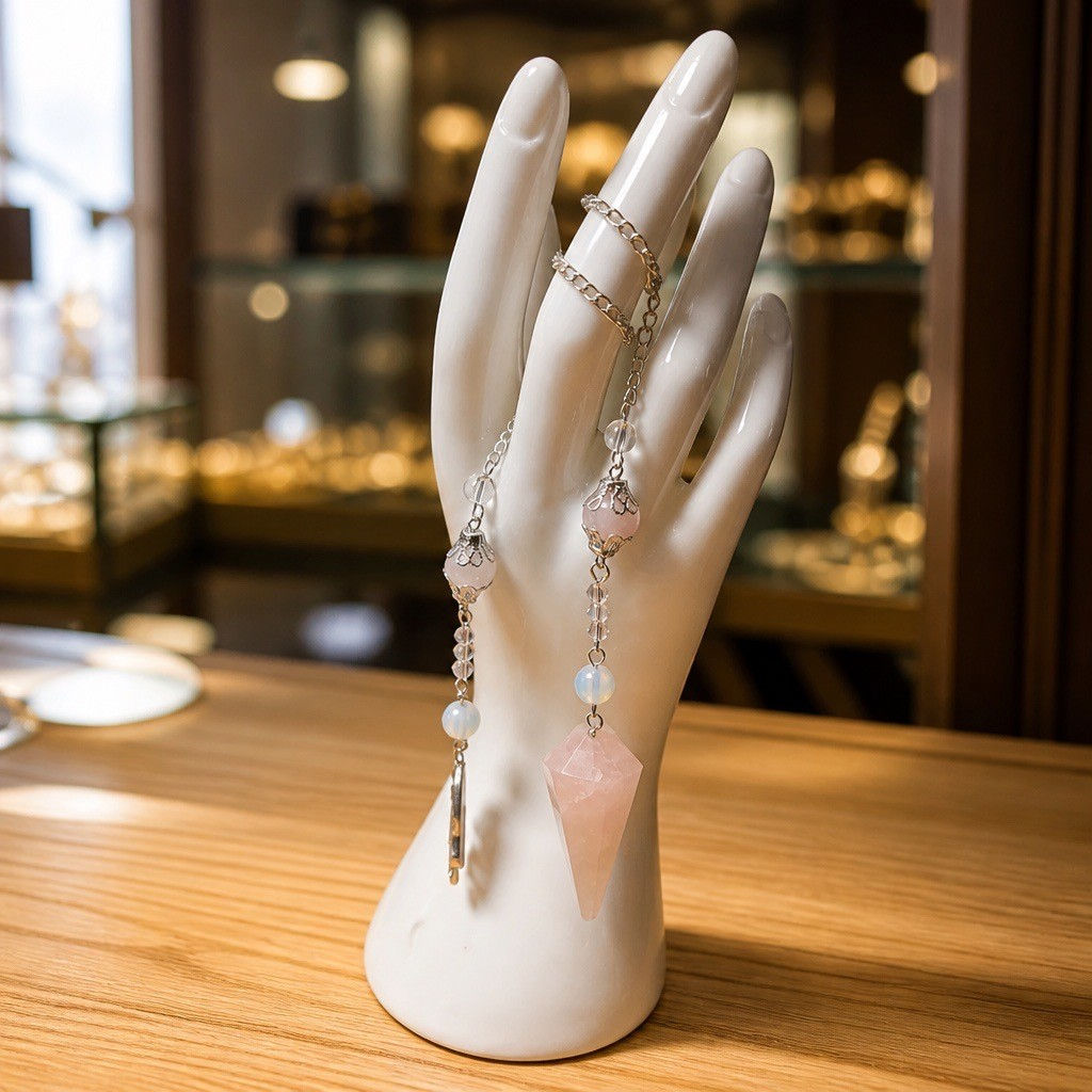Rose Quartz Cone Pendulum – Silver Chain & Hamsa Hand