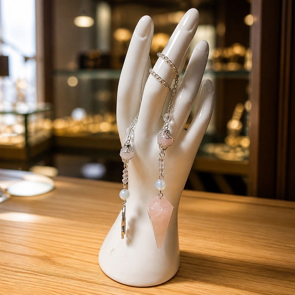 Rose Quartz Cone Pendulum – Silver Chain & Hamsa Hand