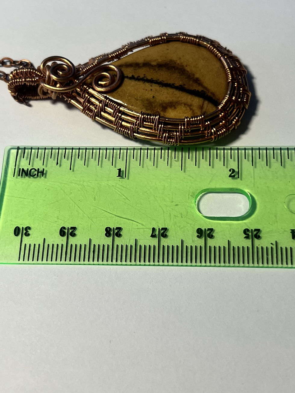 Thumbnail: Handmade copper wire wrapped tiger eye teardrop pendant necklace with intricate woven wire details measure