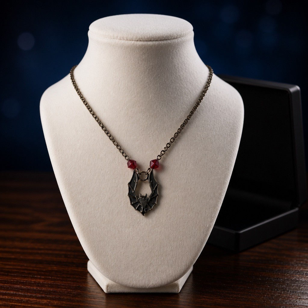 Gothic bronze bat necklace suspended from bronze chain with deep red crystal bicone