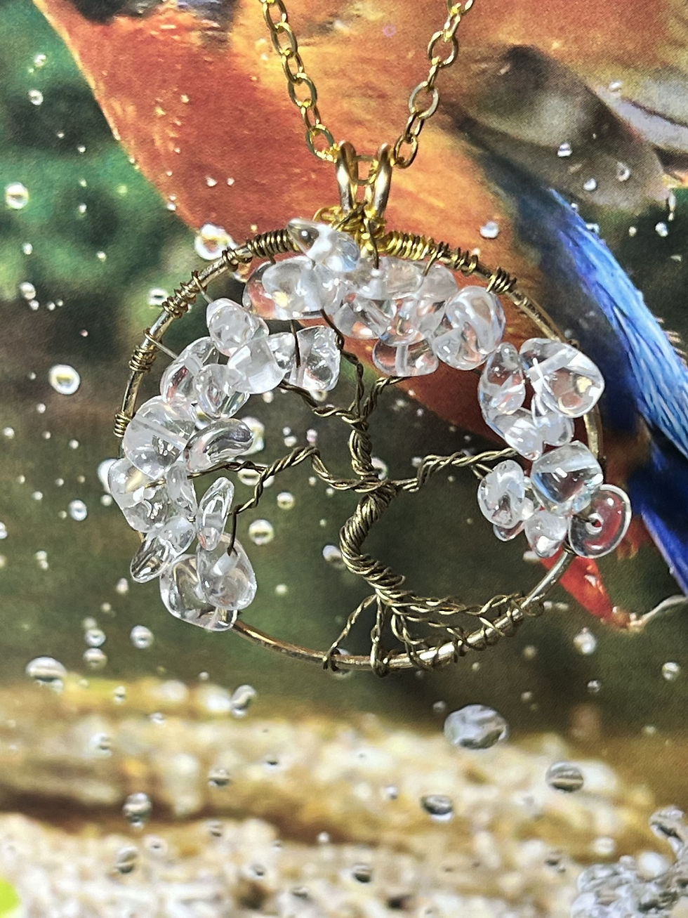 Thumbnail: Handmade Tree of Life pendant with crystal clear quartz chips wrapped in gold wire second