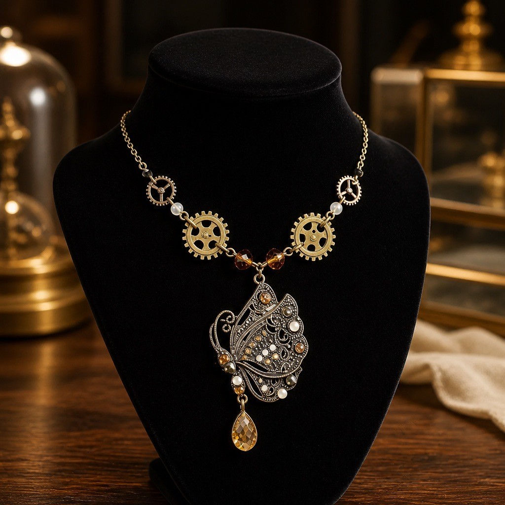 Handmade steampunk necklace featuring a jeweled bronze butterfly pendant with a large gold teardrop rhinestone