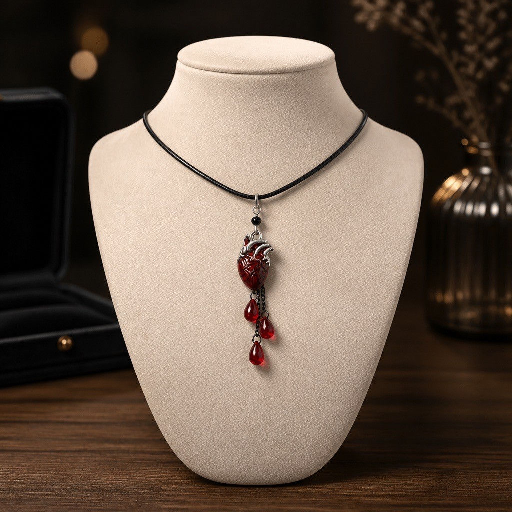 Handmade anatomical heart necklace featuring blood-red beads hanging from delicate chains beneath the heart on a black waxed