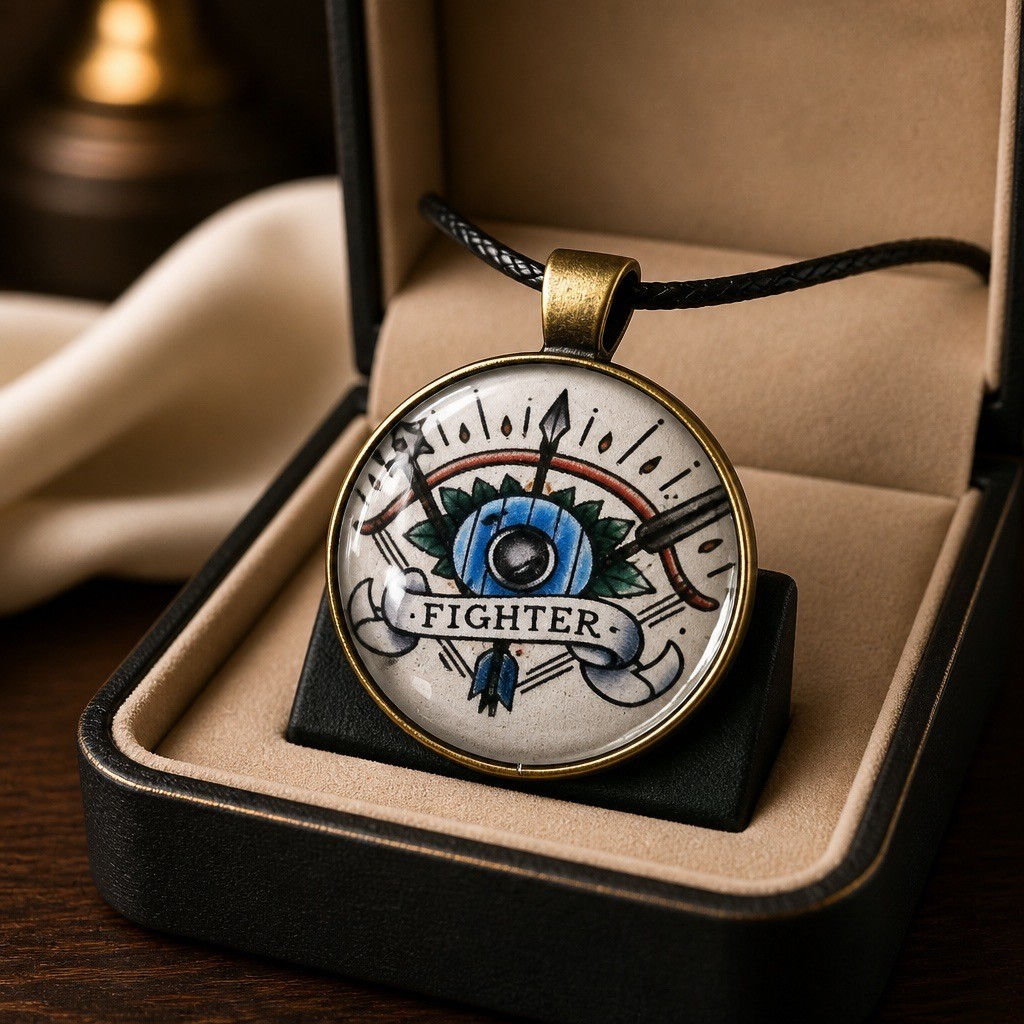 Handmade Dungeons & Dragons inspired pendant necklace featuring character class artwork beneath a clear cabochon