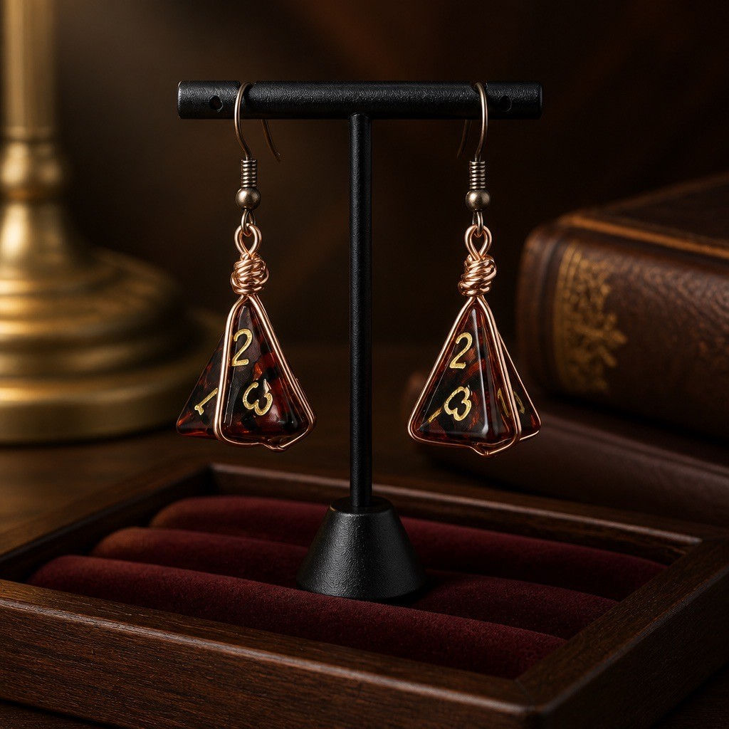 Handmade wire wrapped D4 dice earrings featuring suspended tetrahedron gaming dice hanging from ear wires