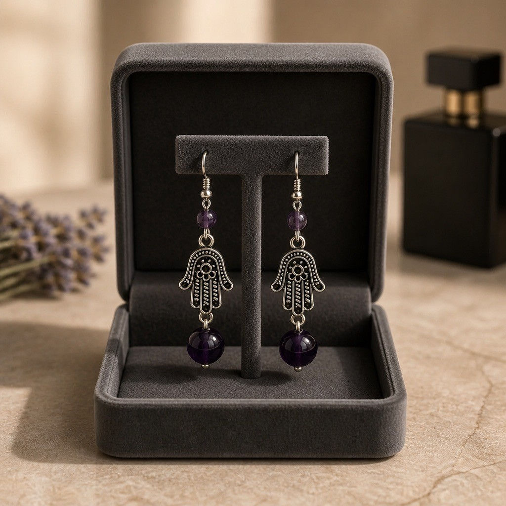 Silver Hamsa hand dangle earrings with purple amethyst beads in two sizes