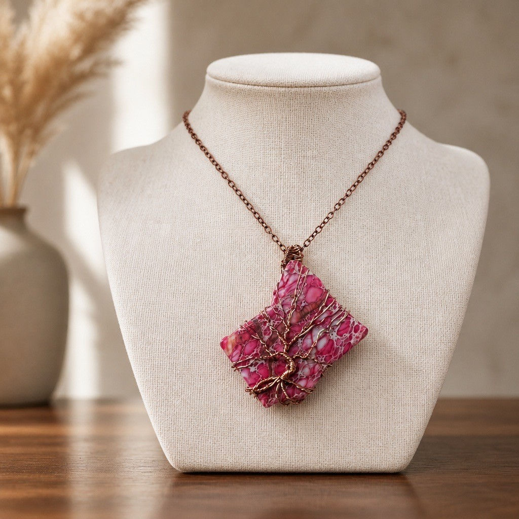 Handmade red jasper pendant featuring an intricate copper wire Tree of Life design