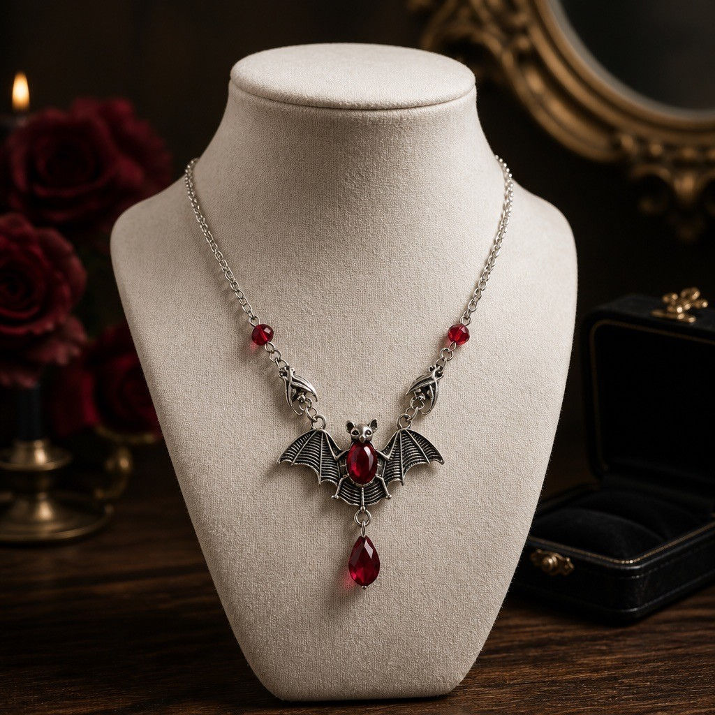 Gothic silver bat necklace with red beads and dangling red teardrop