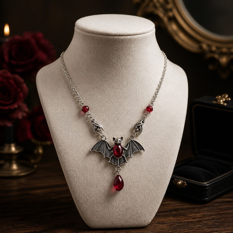 Thumbnail: Gothic silver bat necklace with red beads and dangling red teardrop