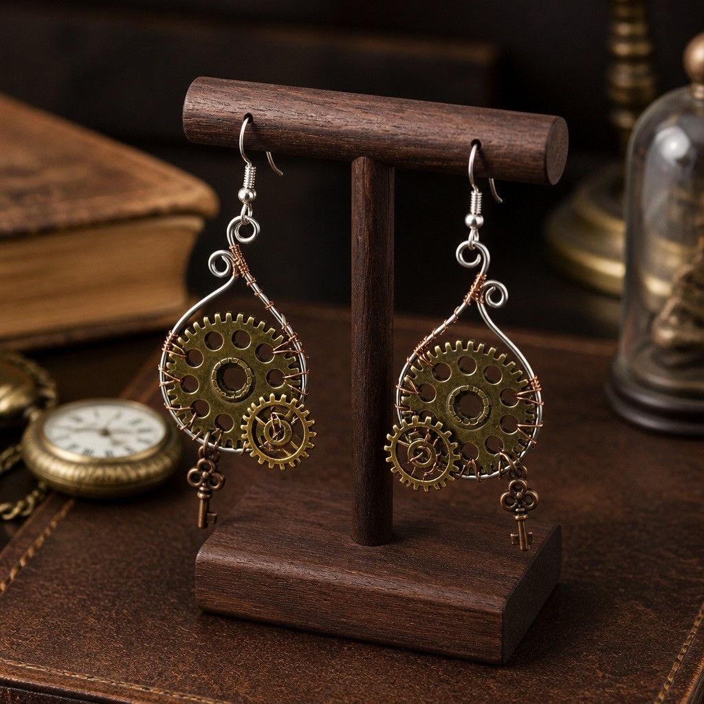 Handmade wire wrapped steampunk earrings featuring a silver wire frame surrounding a bronze gear, with a gold gear and key r