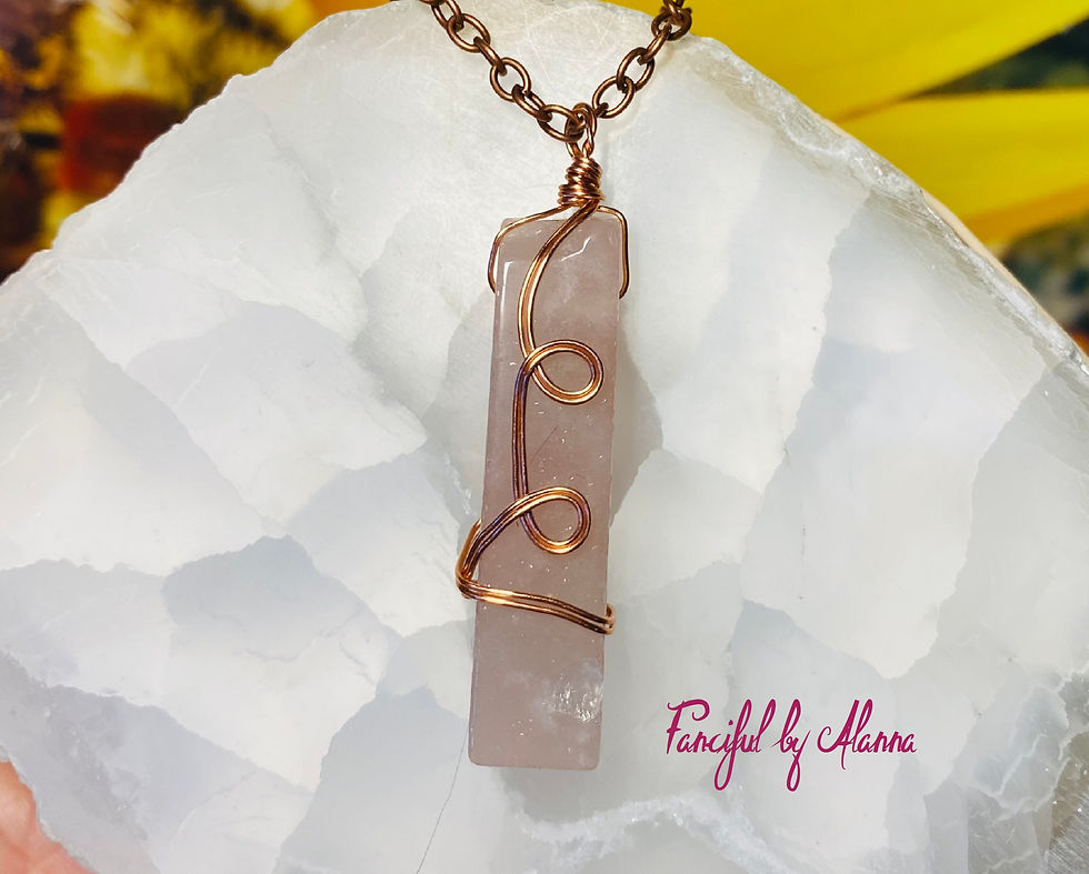 Thumbnail: Wire wrapped rose quartz necklace available in copper wire