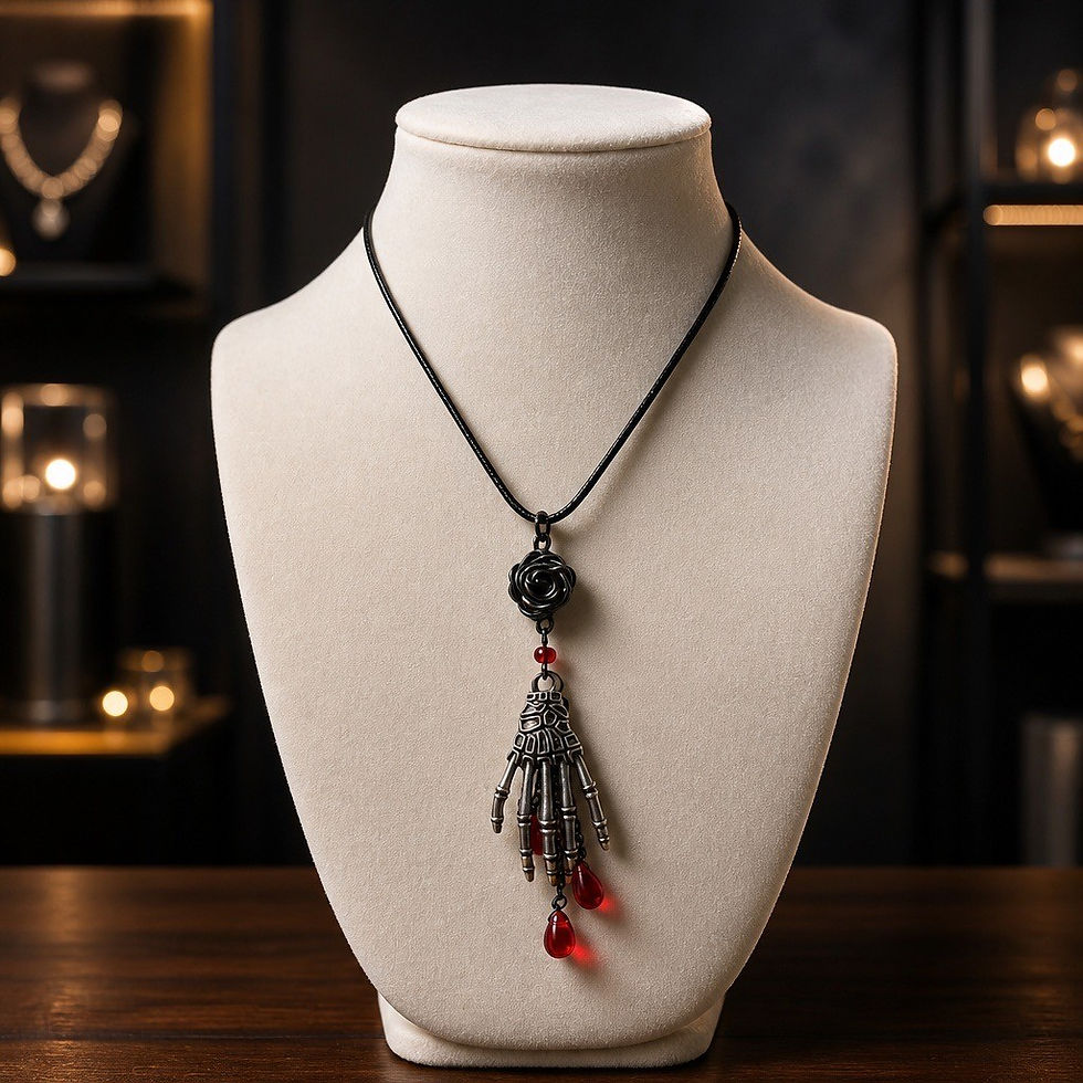 Handmade gothic necklace featuring a wire wrapped rose, skeleton hand charm, and blood-red teardrop beads hanging from chains
