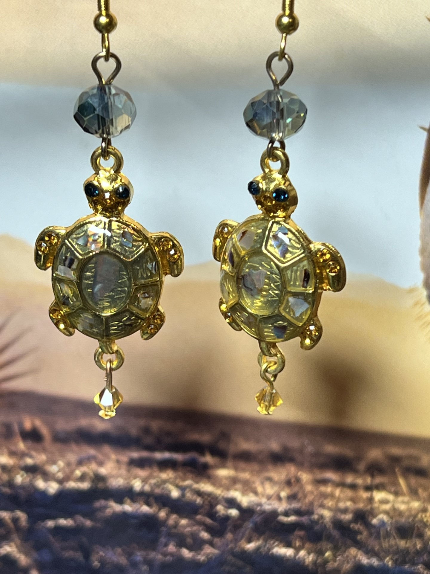 Turtle Drop Earrings  - Gold / Gray Turtle earrings - Sea Life Turtle Handcraft