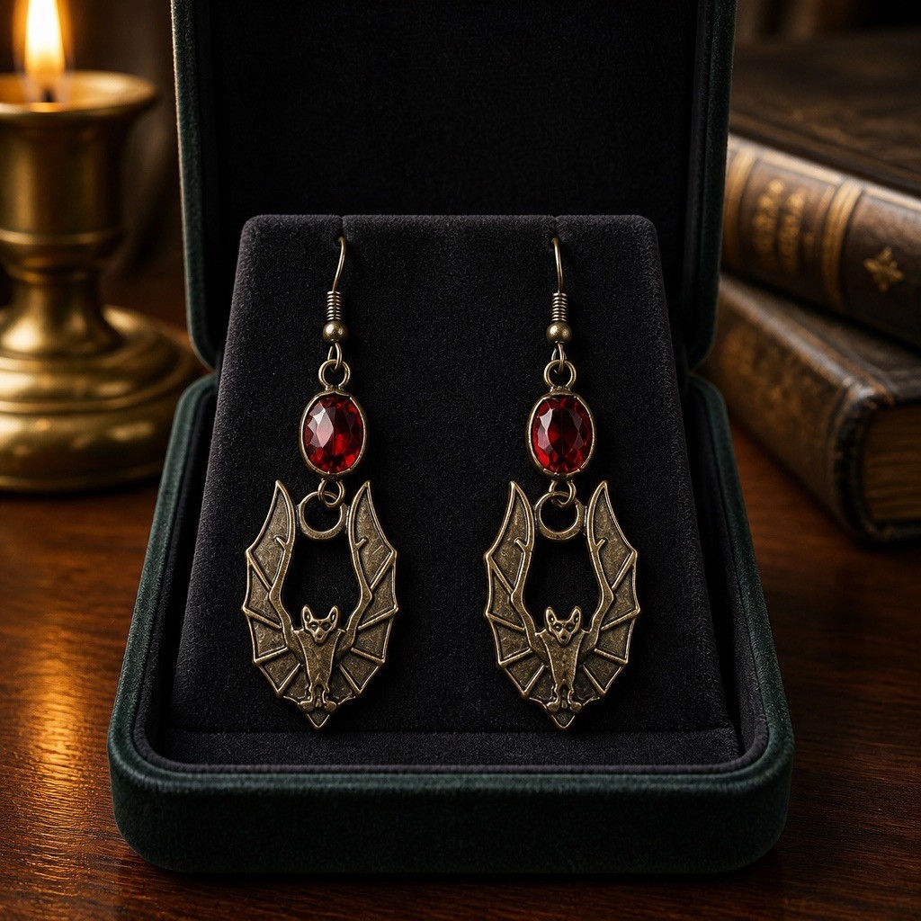 Handmade brass bat drop earrings with wings raised into an oval shape accented by deep red table cut beads