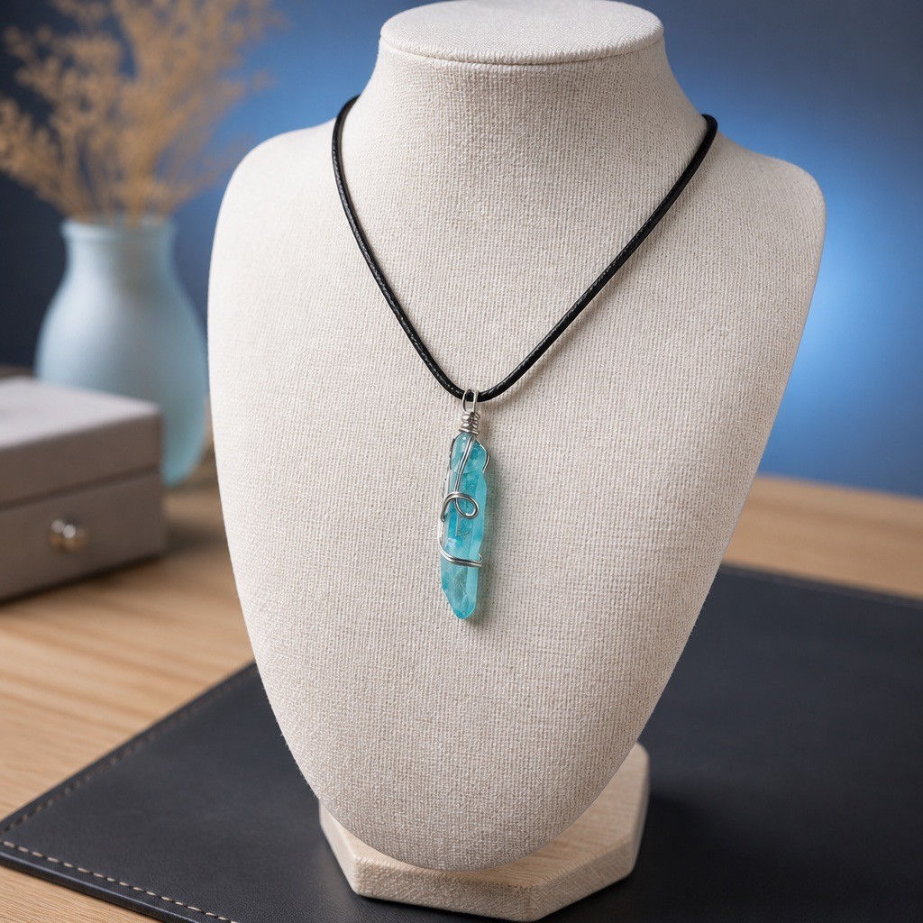Hand wire wrapped blue quartz crystal necklace with decorative wire swirls on a black waxed cord