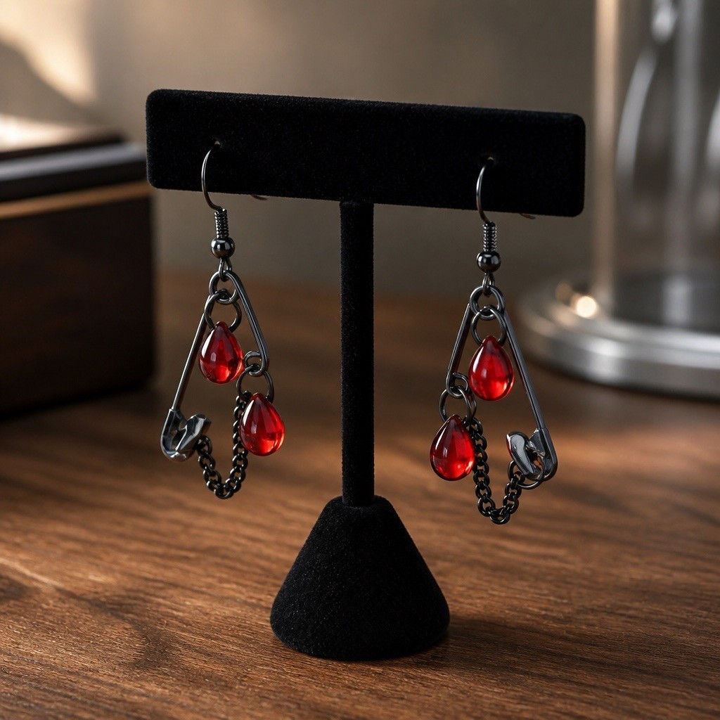 Handmade gothic earrings featuring upside-down safety pins with hanging chains and deep red teardrop beads