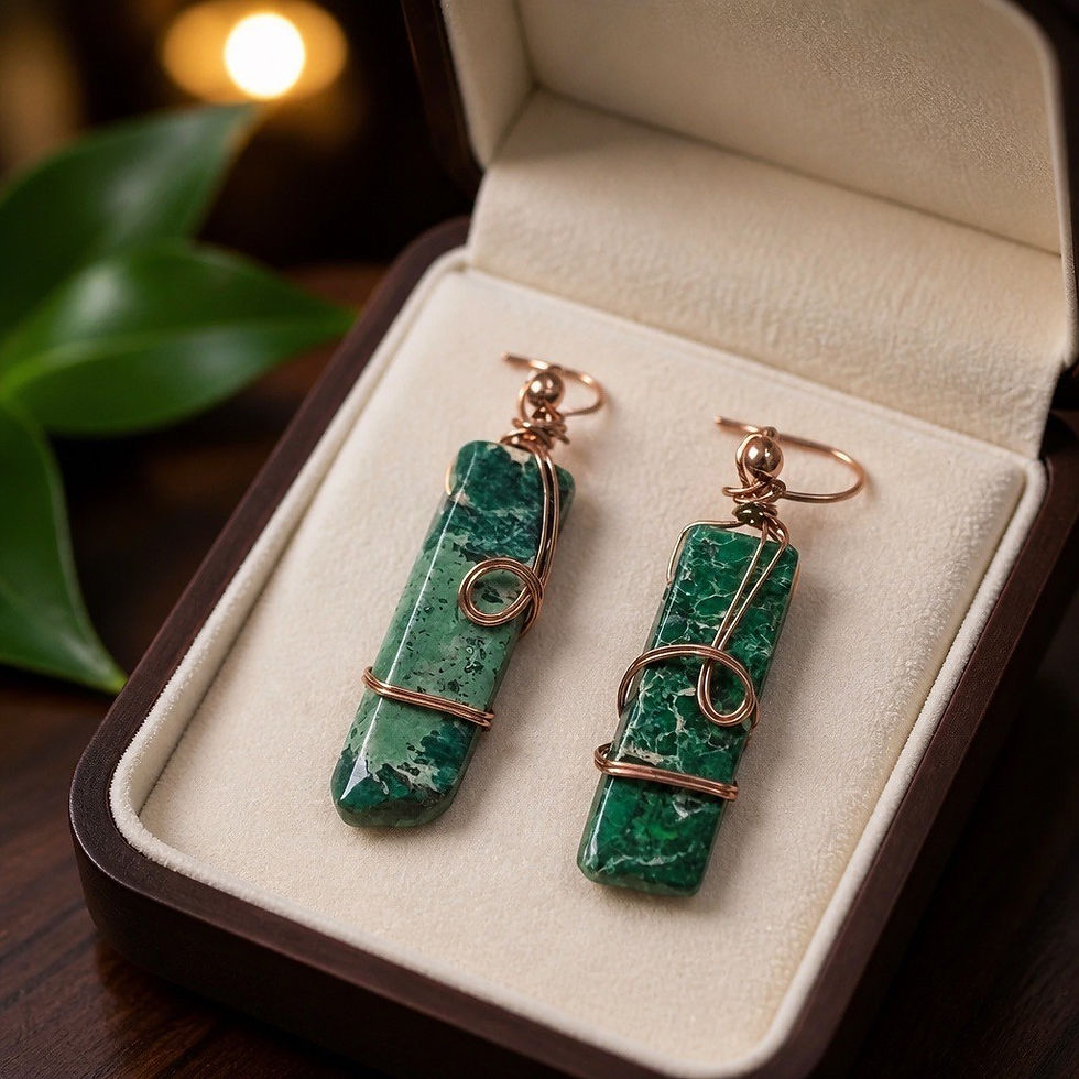 Handmade green jasper stick stone earrings wrapped in swirling copper wire