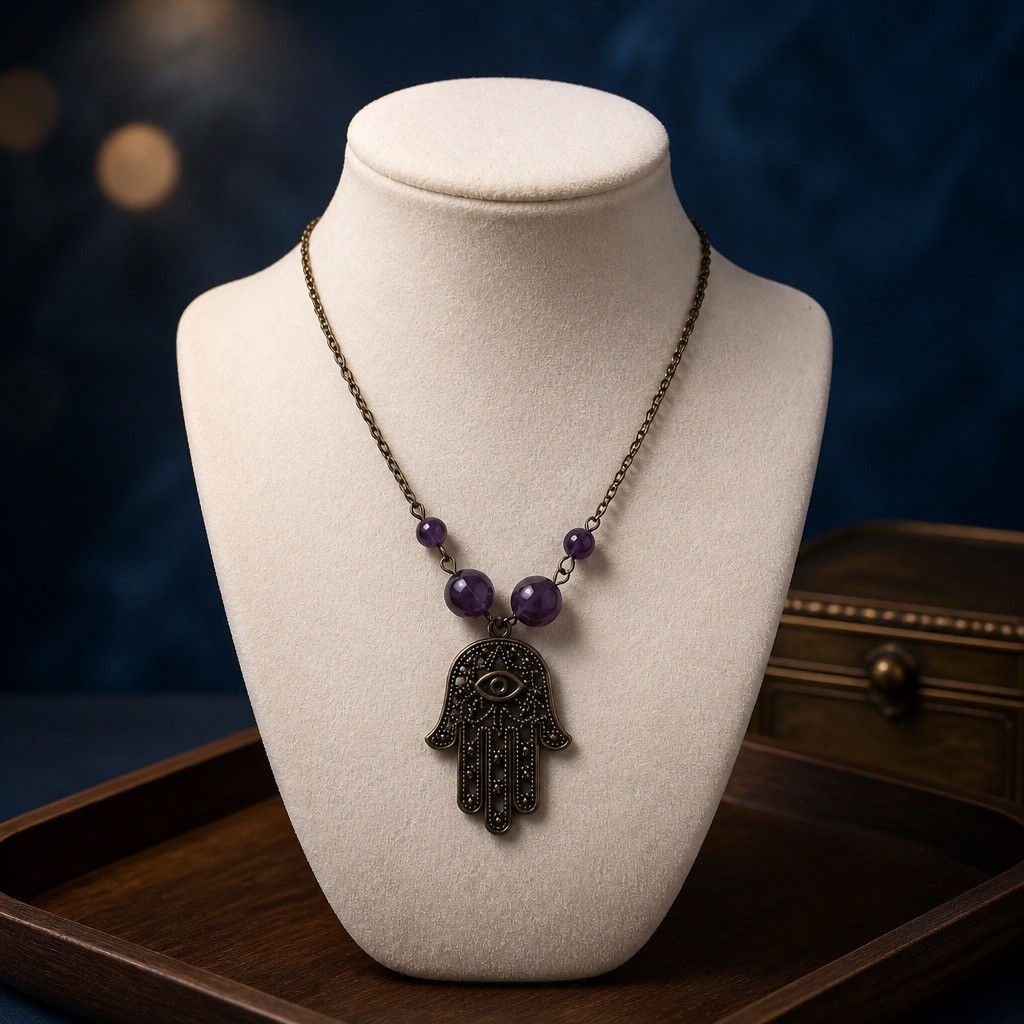 Large bronze Hamsa hand necklace with two sizes of purple amethyst beads hanging from a bronze chain