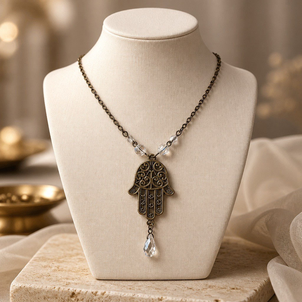 Large bronze Hamsa hand necklace with clear crystal quartz beads and a crystal teardrop hanging from the bottom