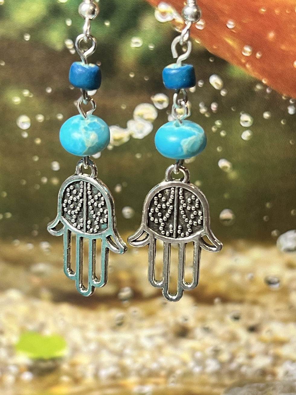 Silver Tone and Turquoise Hansa Hand Earrings