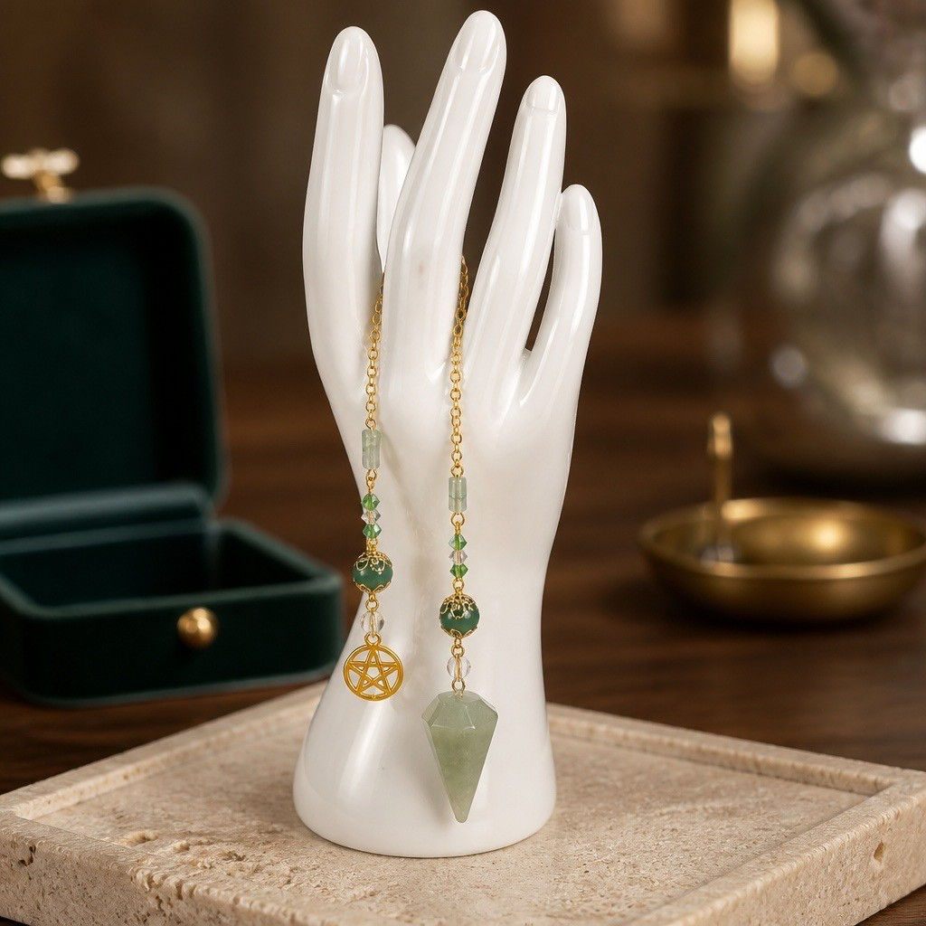 Wiccan Pentacle Divination Pendulum – Green Aventurine Crystal