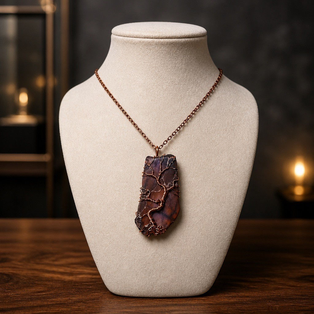Handmade purple jasper pendant featuring a copper wire Tree of Life design wrapped across a purple Jasper