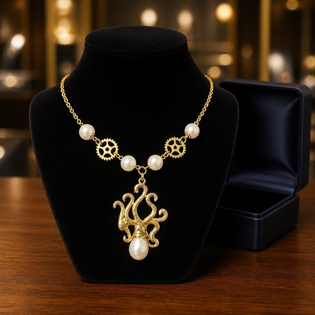 Handmade steampunk necklace featuring a large gold-tone octopus pendant with a pearl body, accented with gold gears
