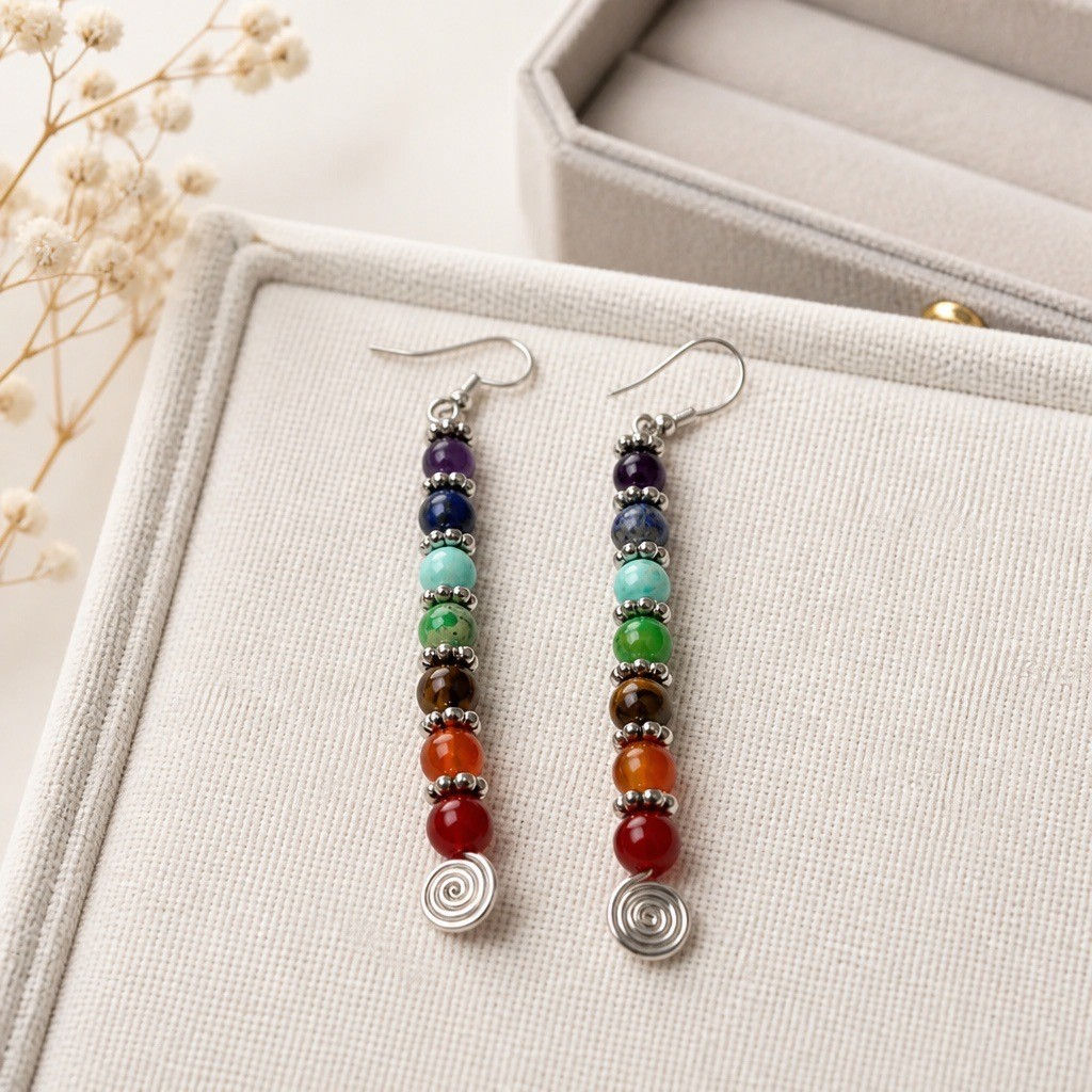 Silver straight line earrings featuring chakra gemstone beads