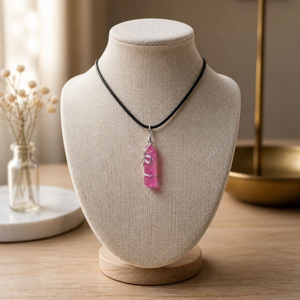 Hand wire wrapped fuchsia quartz crystal necklace with decorative wire swirls in silver wire on a black waxed cord
