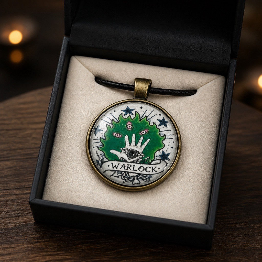 Handmade Dungeons & Dragons inspired pendant necklace featuring character class artwork beneath a clear cabochon