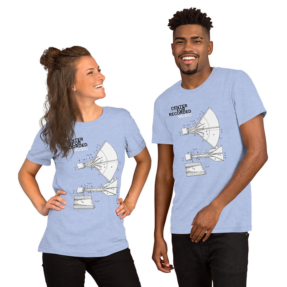 Thumbnail: Smiling couple wearing Uni t-shirt - C4RM Horn Drawing, light blue t-shirts, posing together.