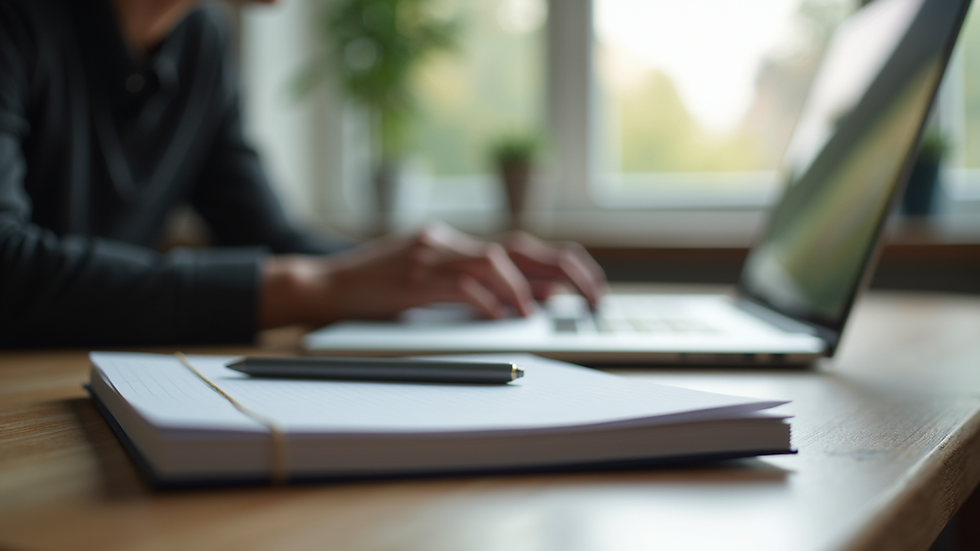Eye-level view of a modern workspace with a laptop and notebook