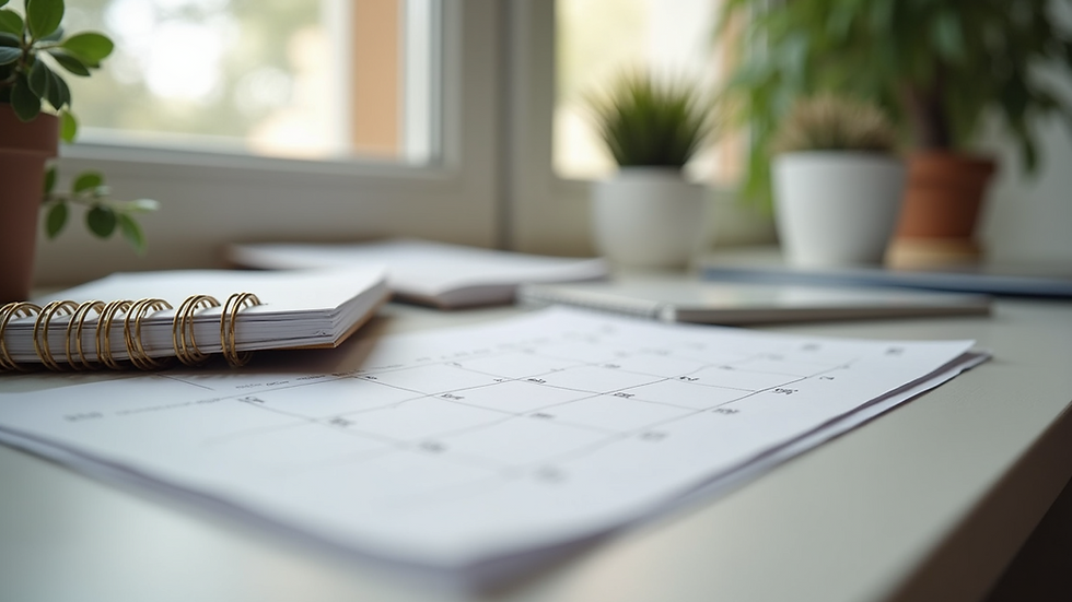 Eye-level view of a peaceful workspace with a neatly organized calendar and planners